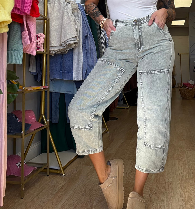 Olive Acid Wash Barrel Jeans