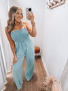 Denim Smocked Jumpsuit