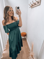 Satin Smocked Dress | Hunter Green