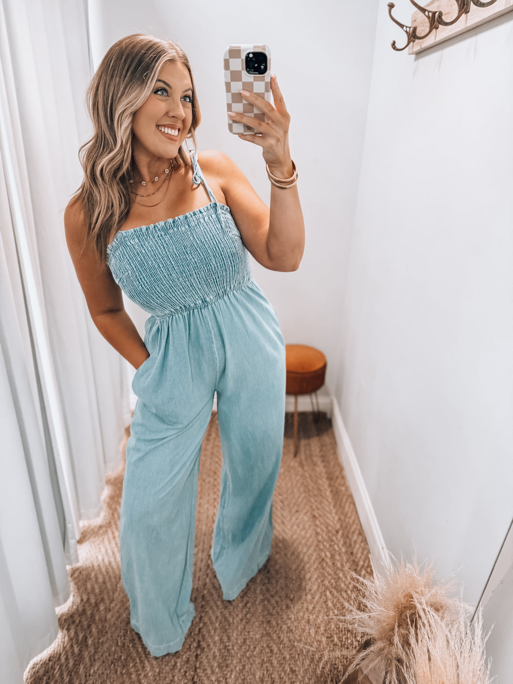 Denim Smocked Jumpsuit