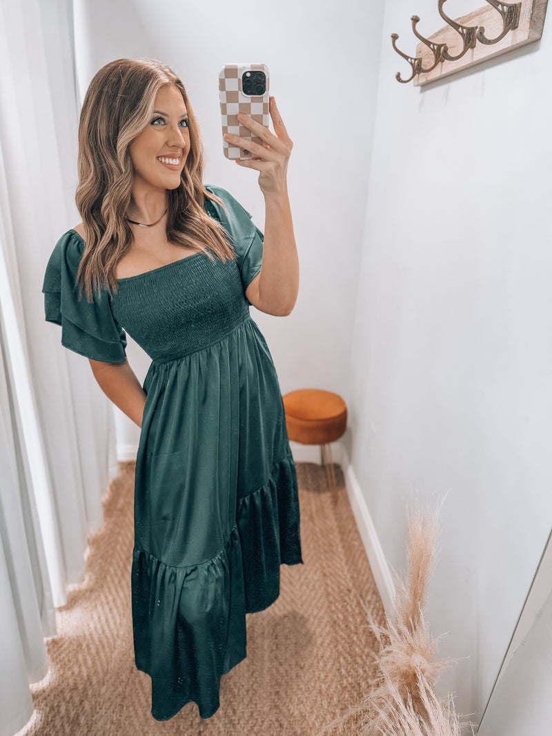 Satin Smocked Dress | Hunter Green