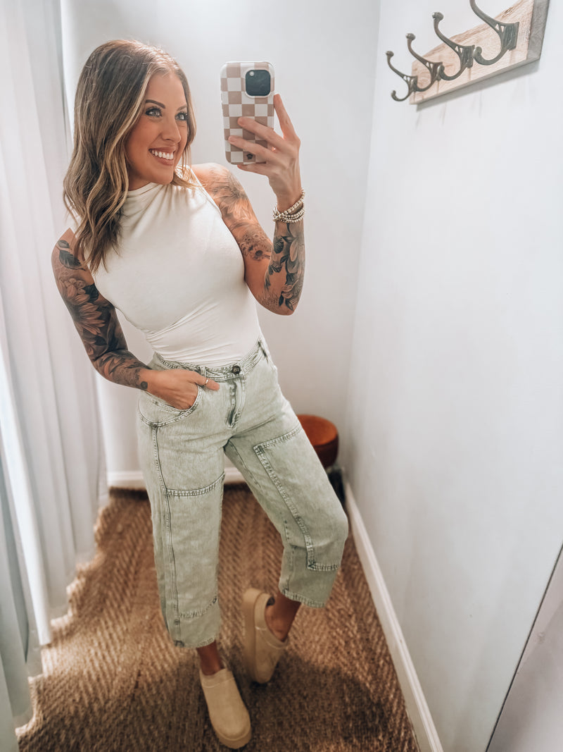 Olive Acid Wash Barrel Jeans